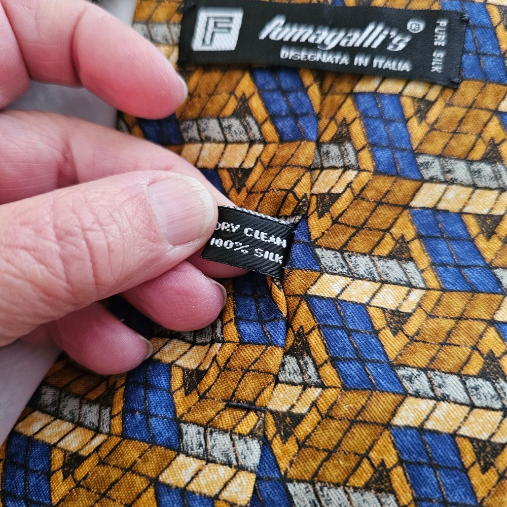 Fumagalli's Mens Silk Tie Geometric  Gold Blue Made in Spain, Italian silk - Picture 4 of 5